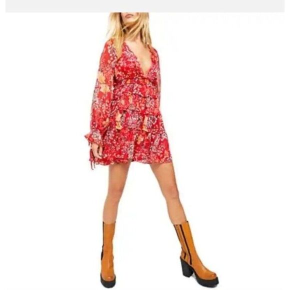 Free People Mini Dress Closer to the Heart Red Floral Boho Chic X-Small - Picture 4 of 11